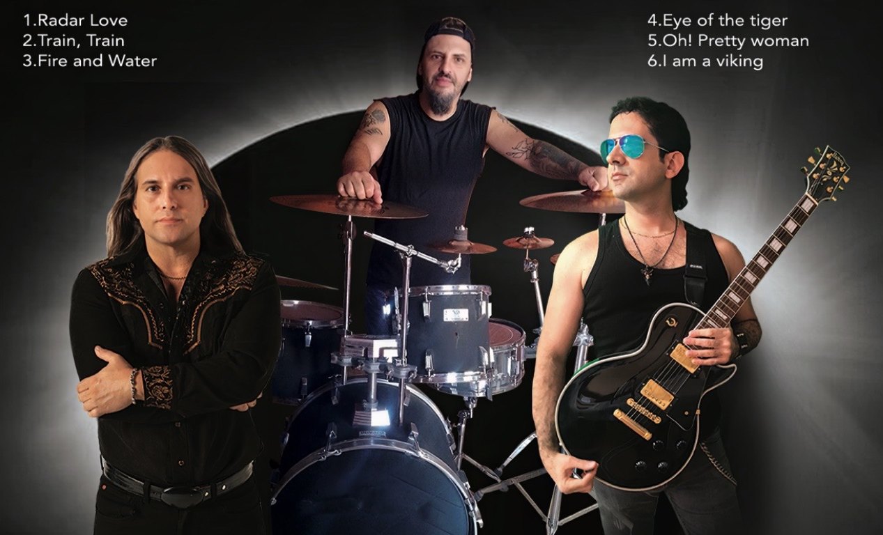 Danny Veras, Saulo Estopinian behind the drum kit, and CC Chato with a black Les Paul