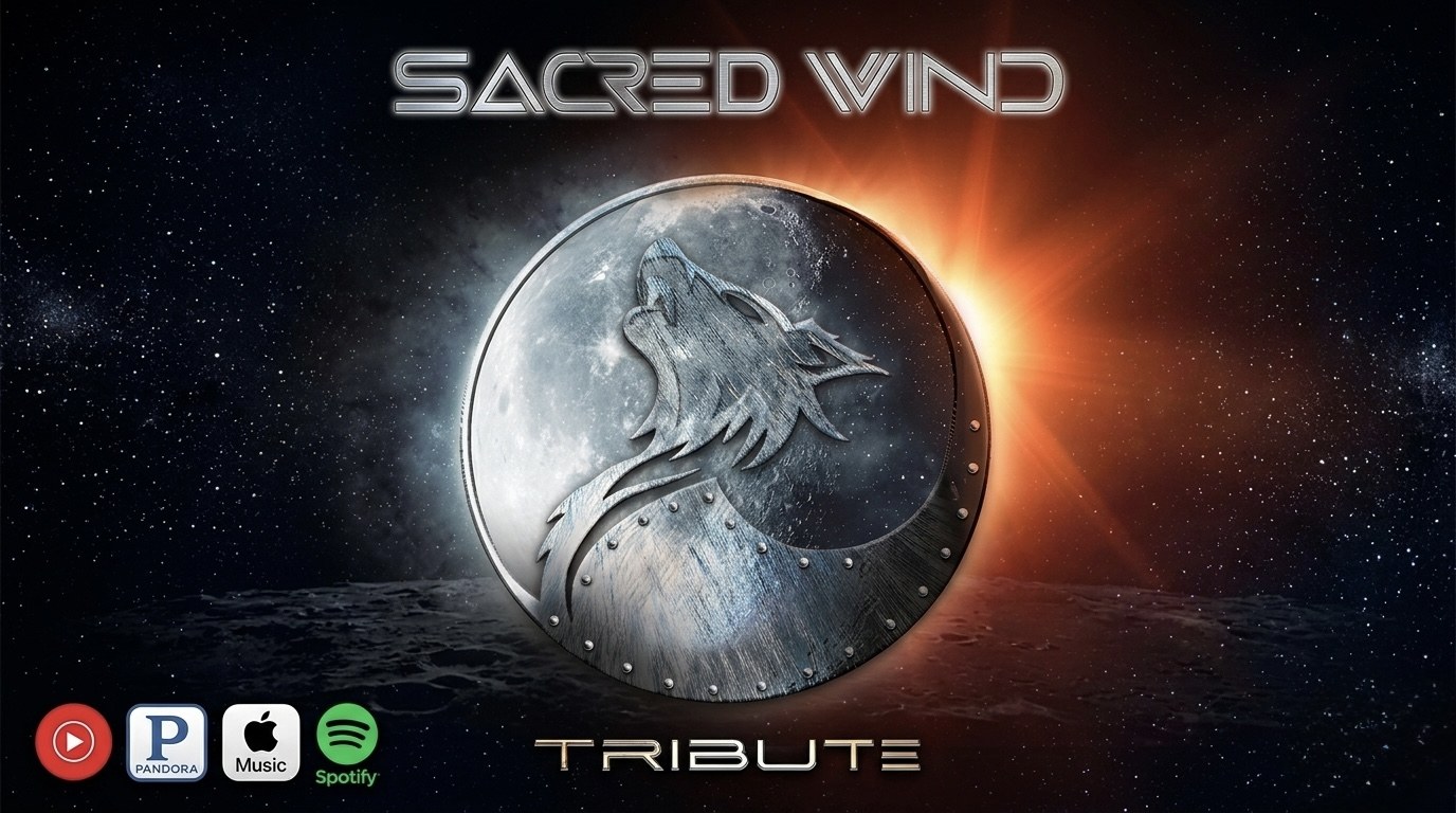 Sacred Wind, Tribute: a steel wolf emblem howling across the moon during an eclipse